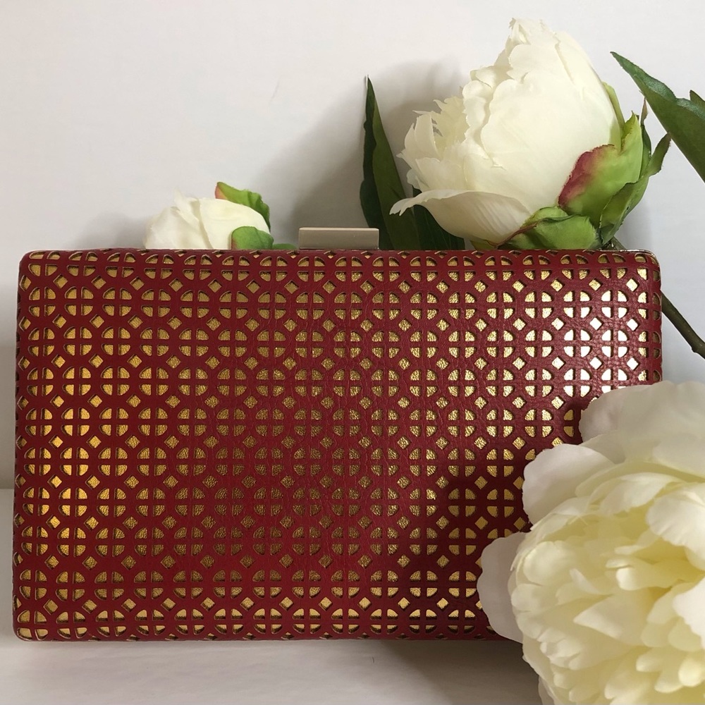 Red & Gold Geometric Cutout Clutch with Chain - Picture 6 of 11